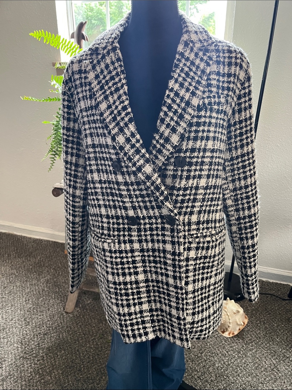 Black & White Houndstooth Double-Breasted Women's Blazer